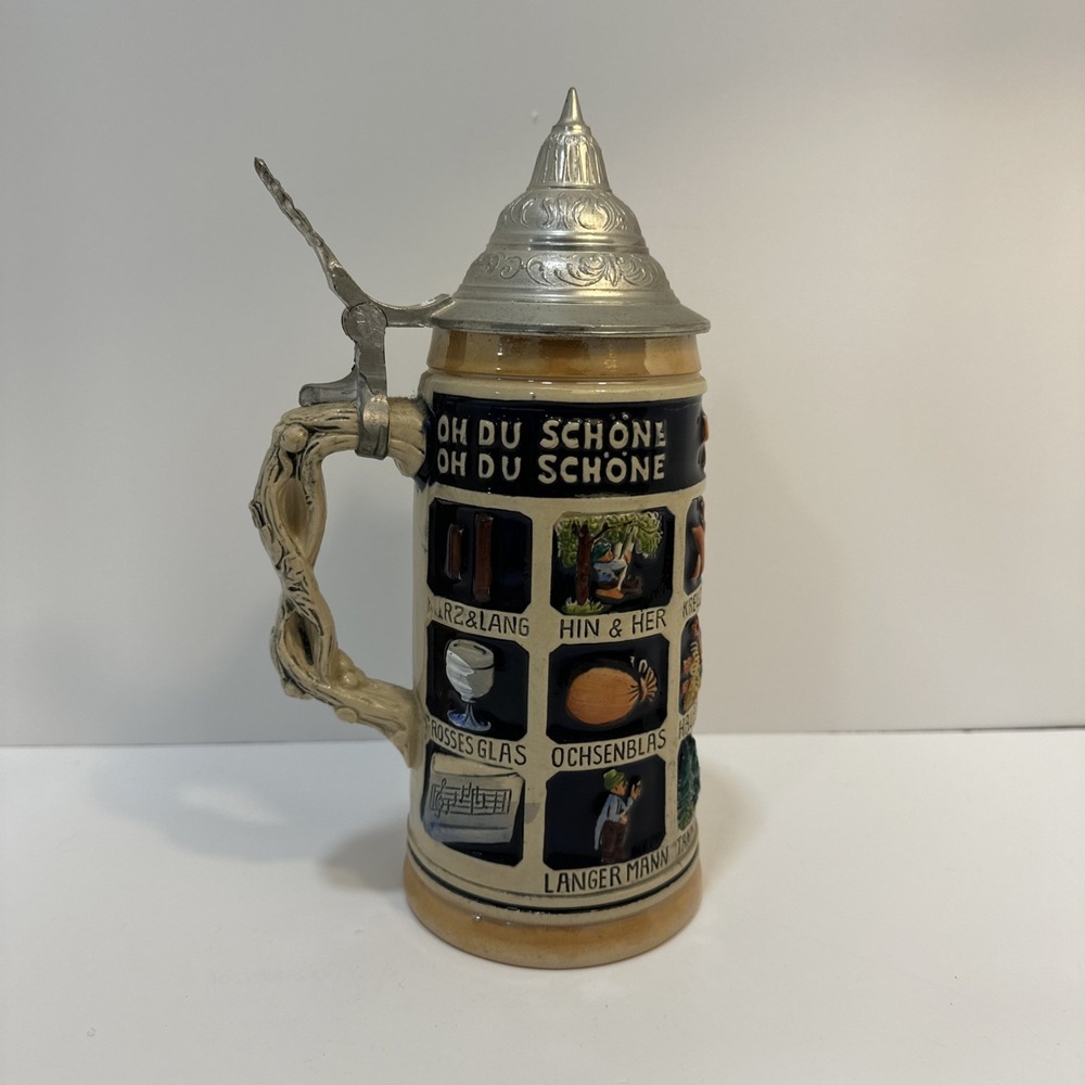 Vintage German Beer Stein Oh Du Schone Schnitzelbank Musterschutz Pewter Lid